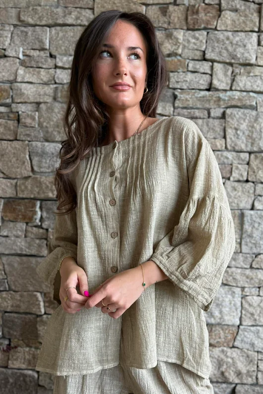 Loom & Thread Pin Tuck Blouse Washed Oat /40=